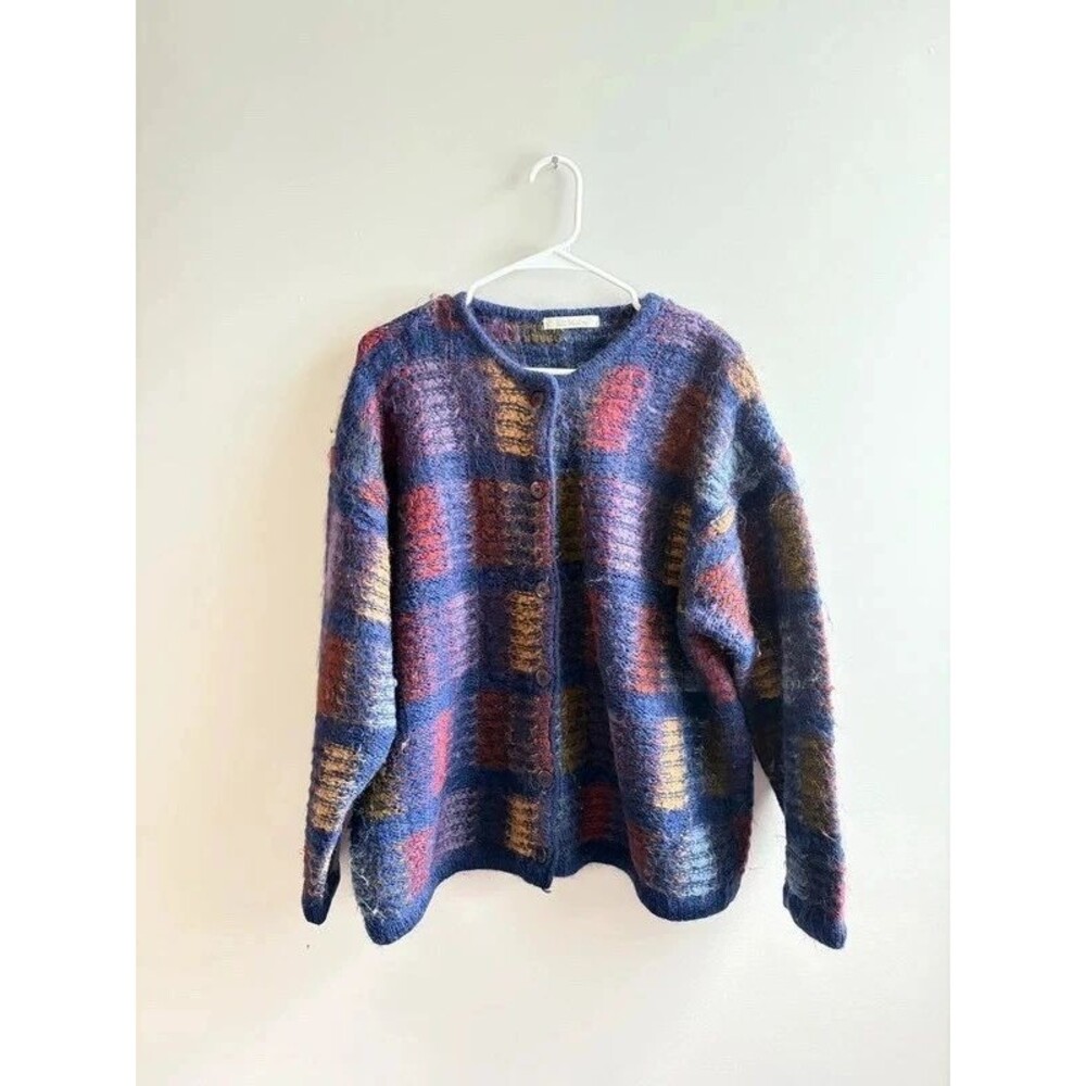 Vintage Le Moda Fuzzy mohair Patchwork Knit Cardigan Sweater, fall, winter